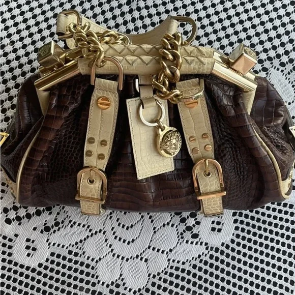 Vintage Versace Brown/Cream Croc EmbossedLeather Madonna Satchel NWT - Picture 12 of 12